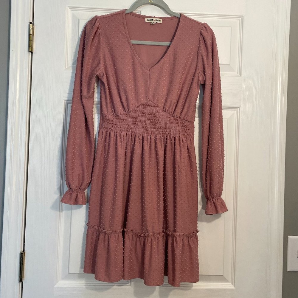 Charmed Hearts Women's Rose Mauve Dotted V Neck Long Sleeve Pullover Dress Small